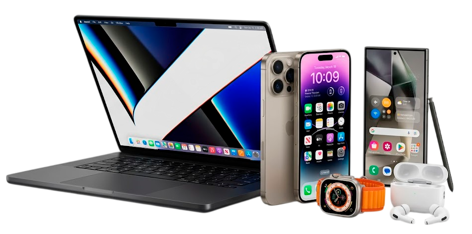 Laptop, audífonos, smartwatch y smartphone